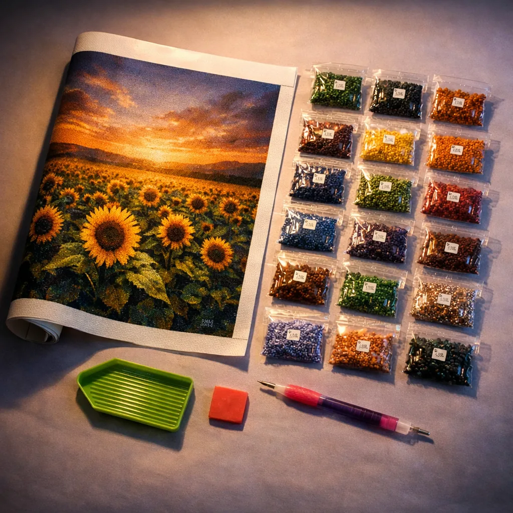 A diamond painting kit laid out: rolled canvas, bags of drills, pen and tray
