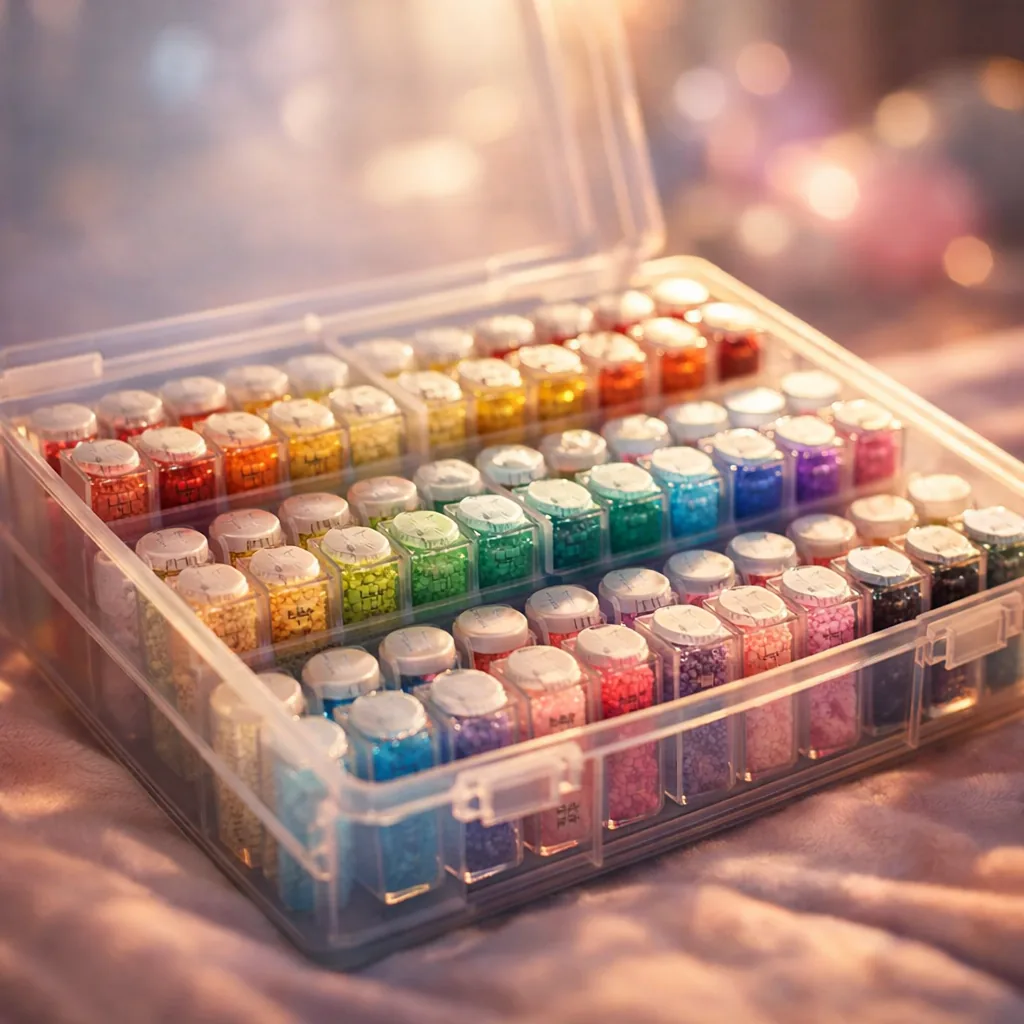 A clear case holding labeled vials of colored drills