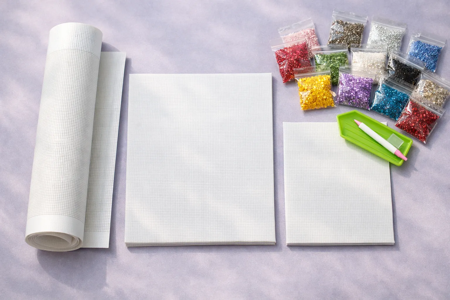Diamond painting canvases of three different sizes laid side by side with bags of drills