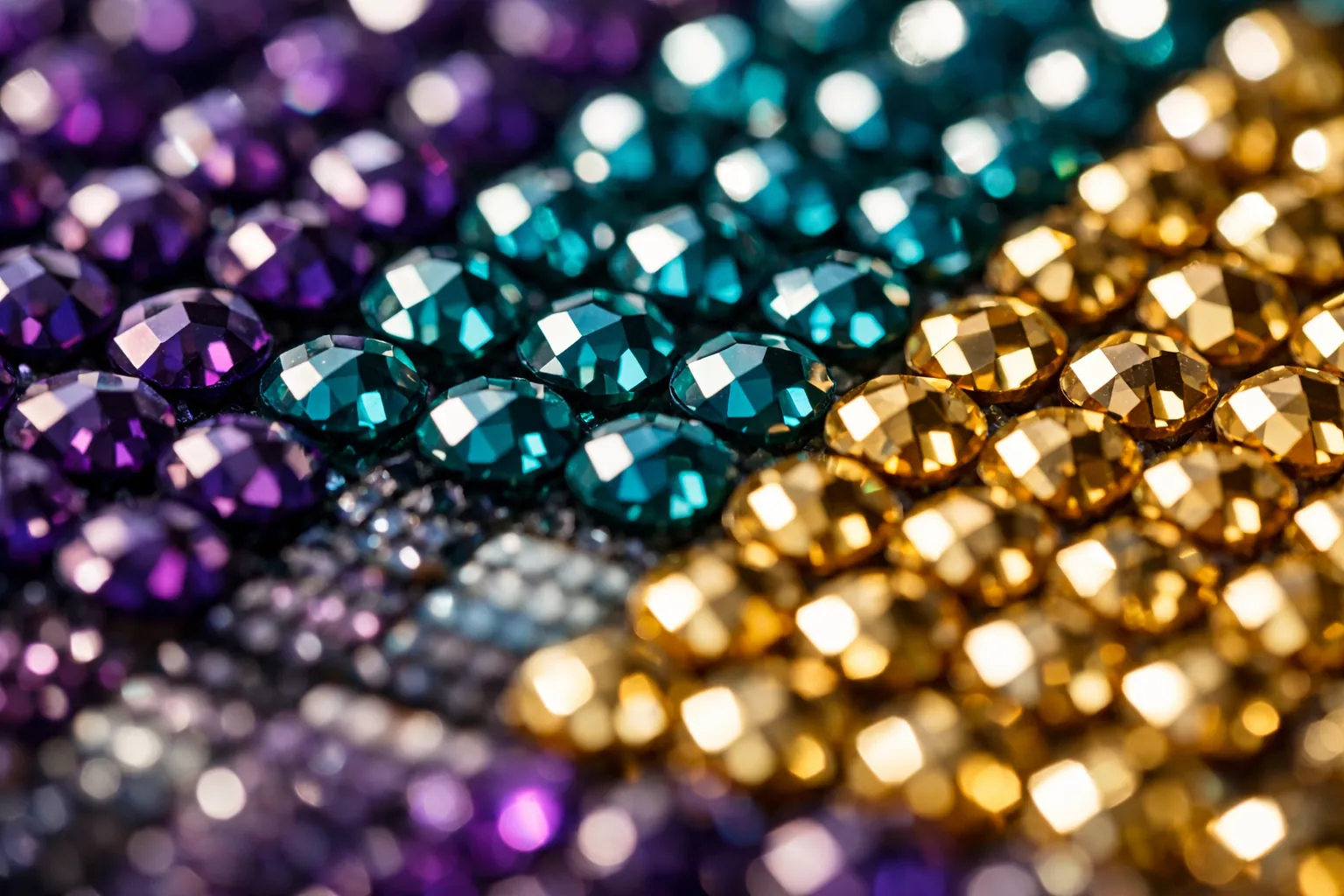 Close-up of faceted round diamond painting drills sparkling on a canvas