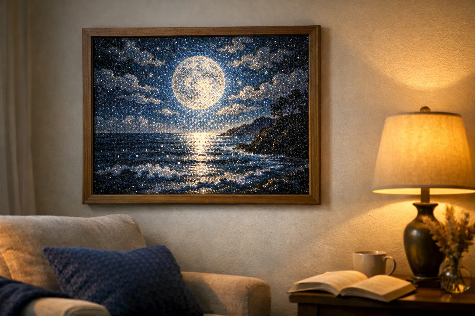 A finished moonlit seascape diamond painting in a wooden frame above a reading chair