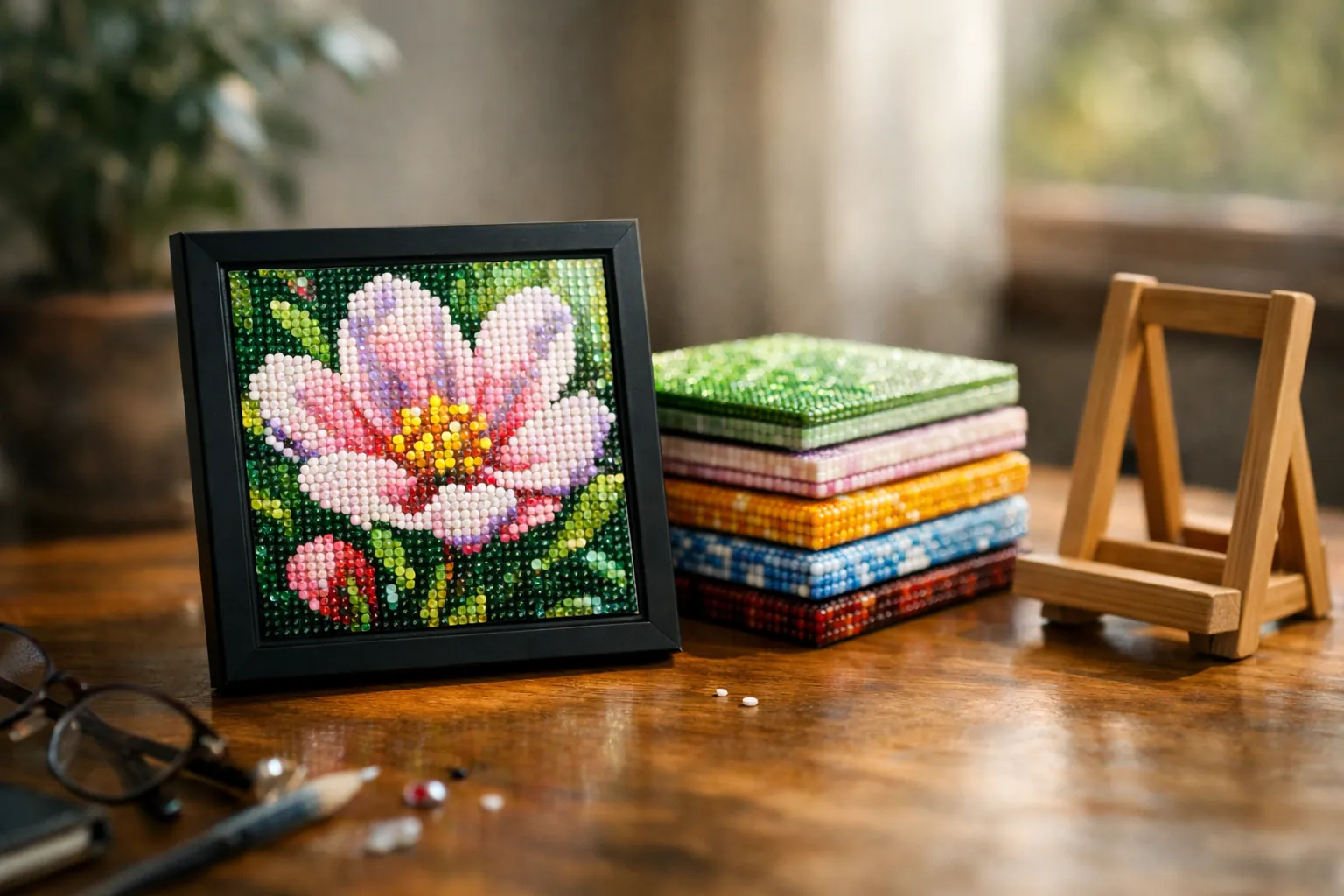 A small framed square rhinestone flower mosaic next to a stack of seasonal mosaic panels