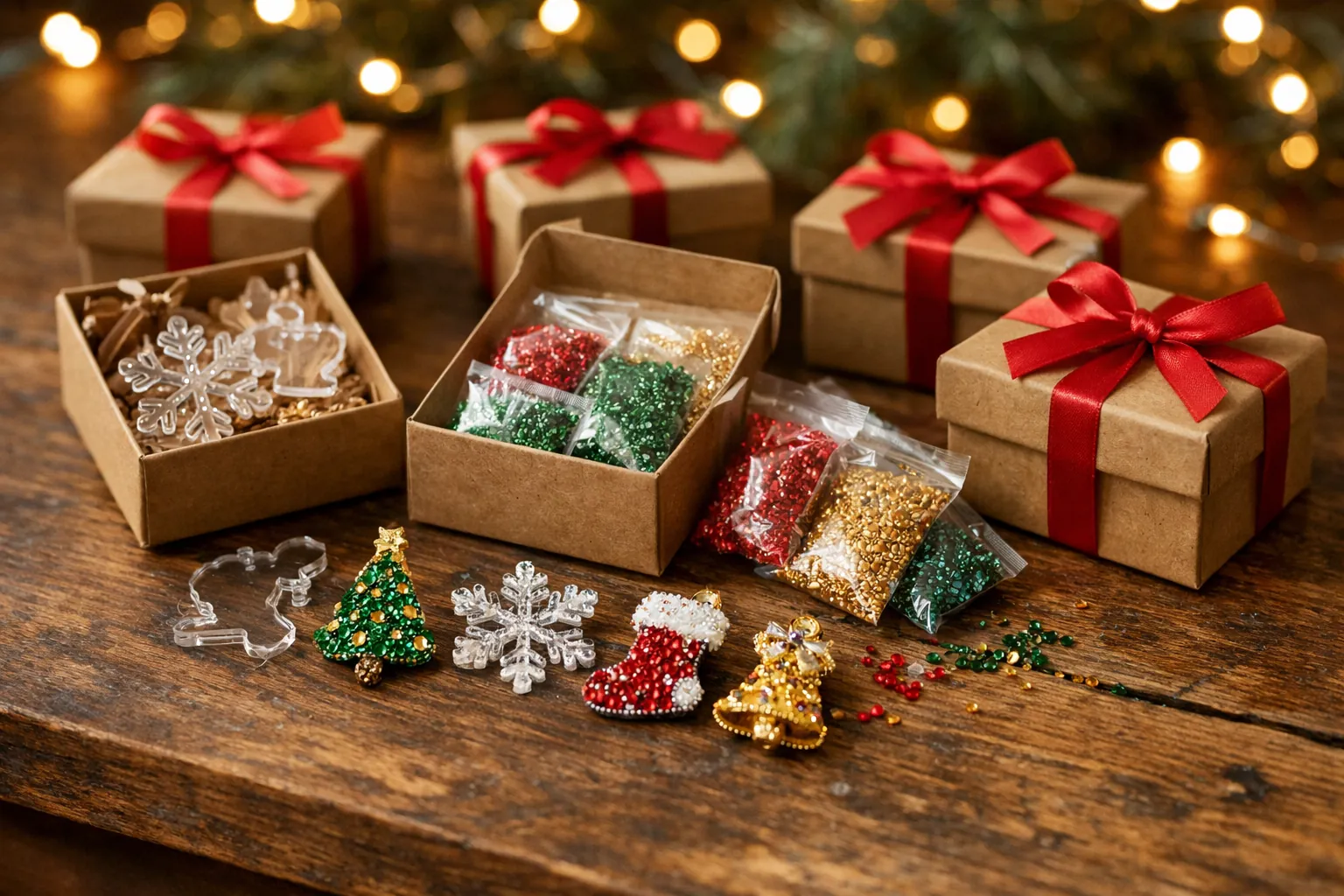 A row of small numbered gift boxes beside sparkling handmade rhinestone ornaments on a holiday table