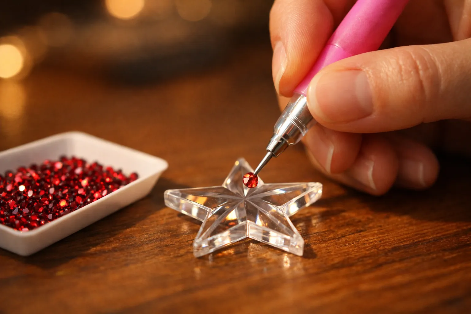 A drill pen placing a red drill on a tiny clear acrylic star ornament
