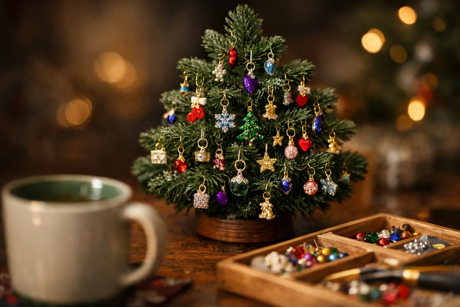 A small tabletop tree hung with two dozen tiny rhinestone ornaments