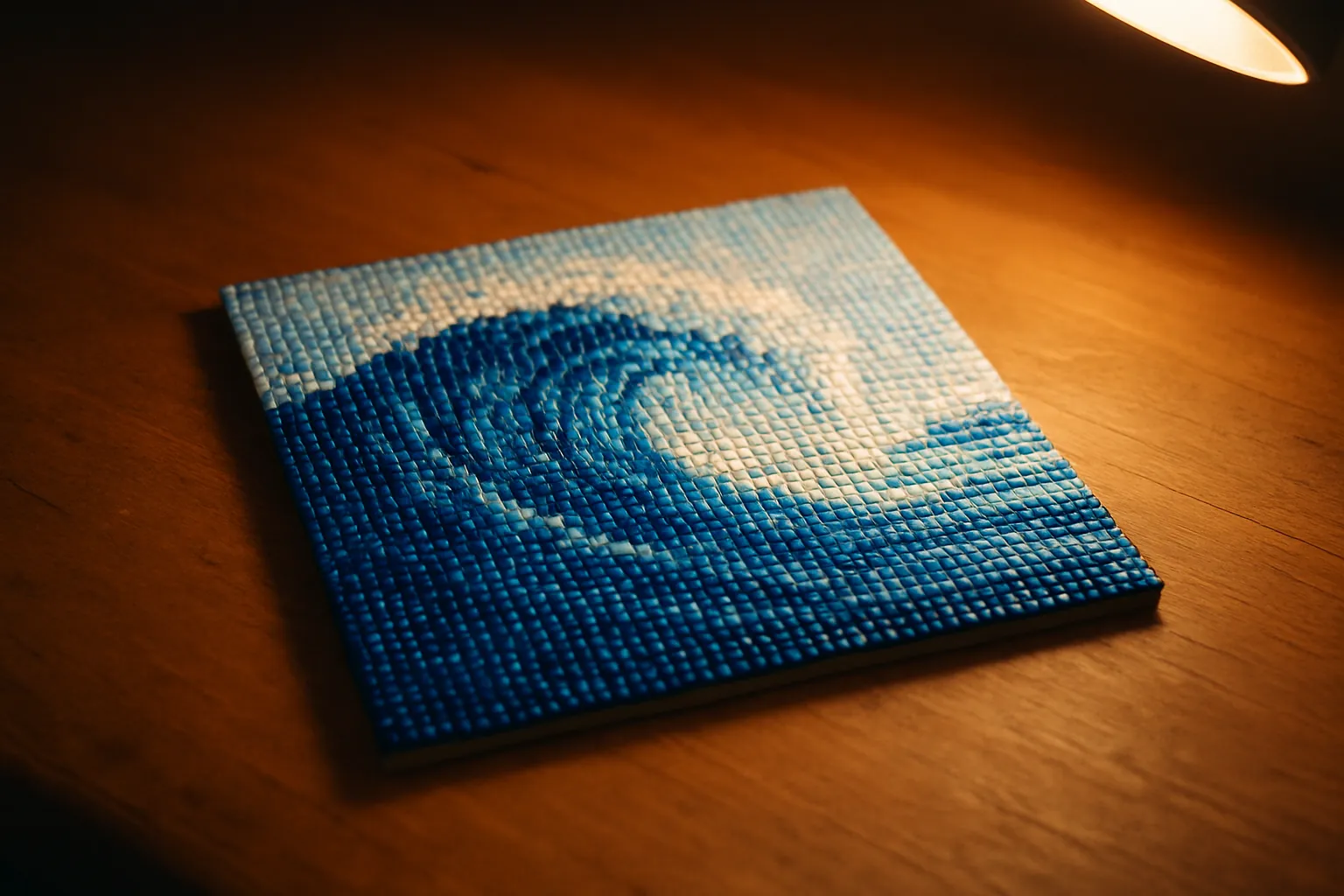 A finished great wave diamond painting made of square drills on a desk under lamp light