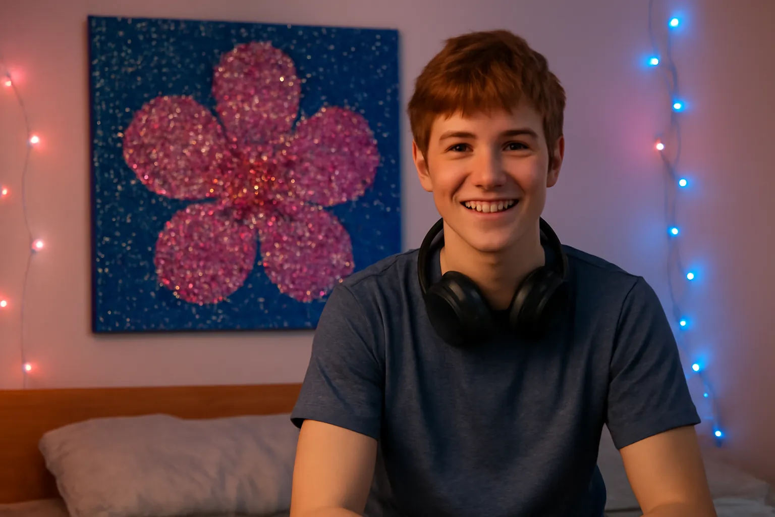 A smiling teenager in a fairy-lit bedroom in front of a large sparkling pink blossom diamond painting