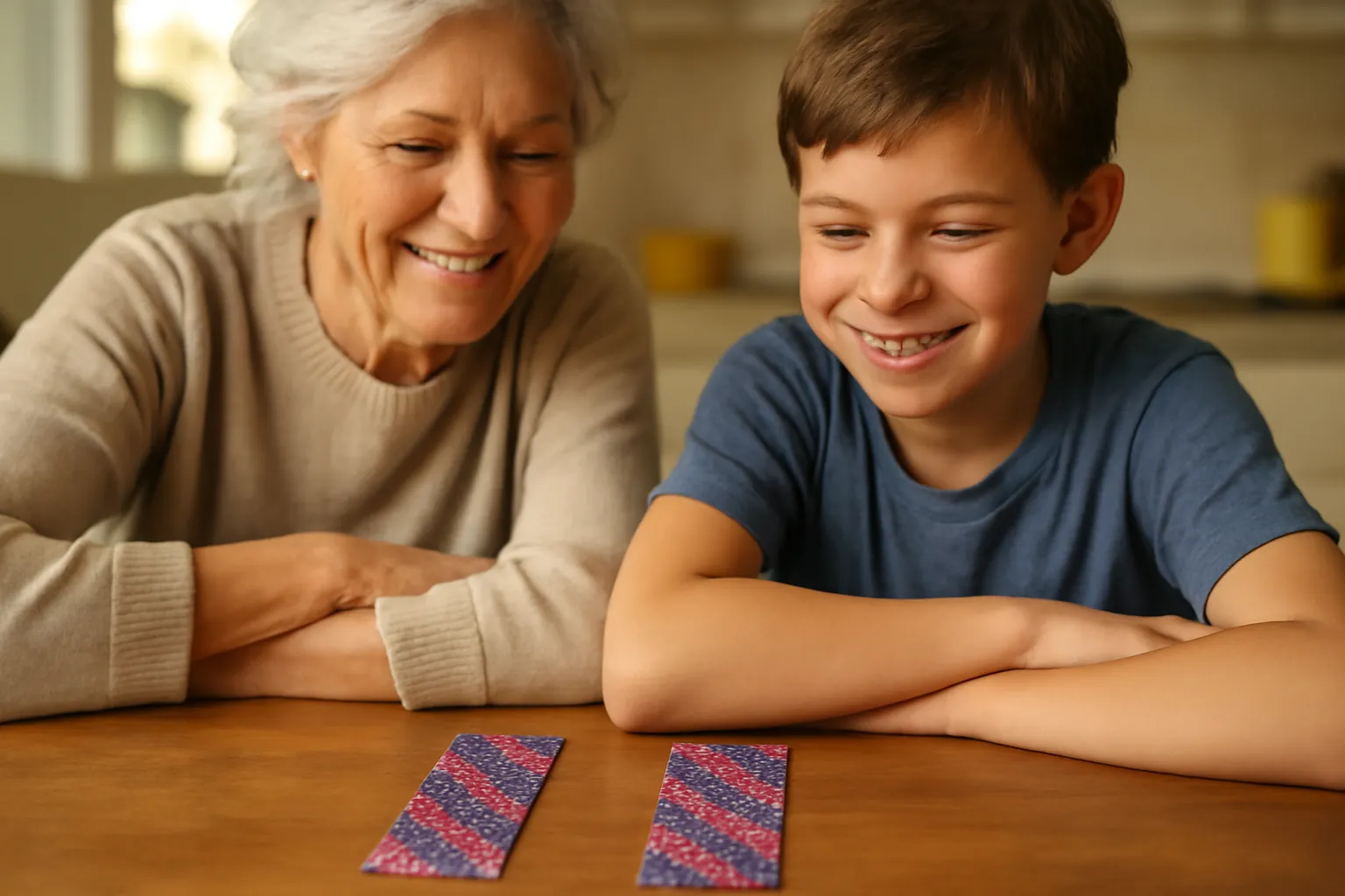 A grandmother and grandson at a kitchen table smiling at two sparkly pink and purple striped bookmarks lying in front of them