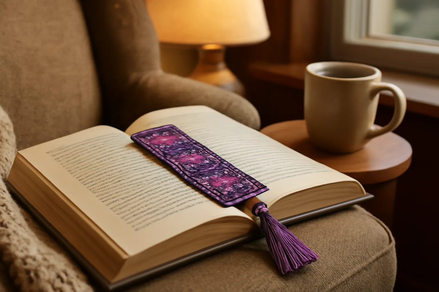 A sparkling pink and purple rhinestone bookmark with a silk tassel lying across an open book on a cozy armchair by a window