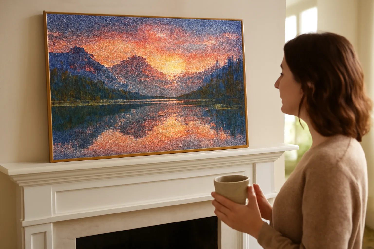 A woman with a coffee mug looking at a large sunset mountain-lake diamond painting on a fireplace mantel