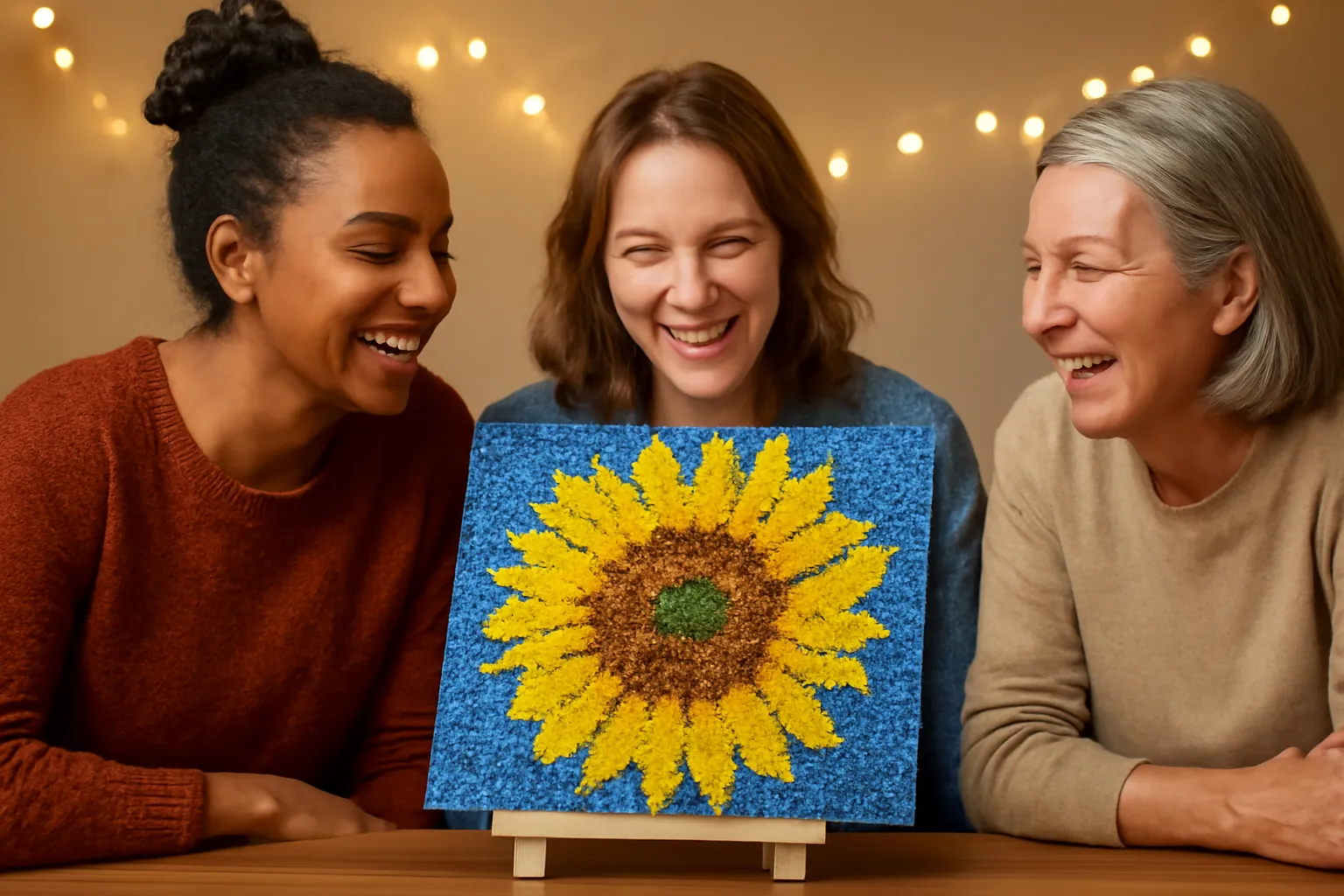 Three friends laughing at a craft night around a large finished sunflower diamond painting on a small easel