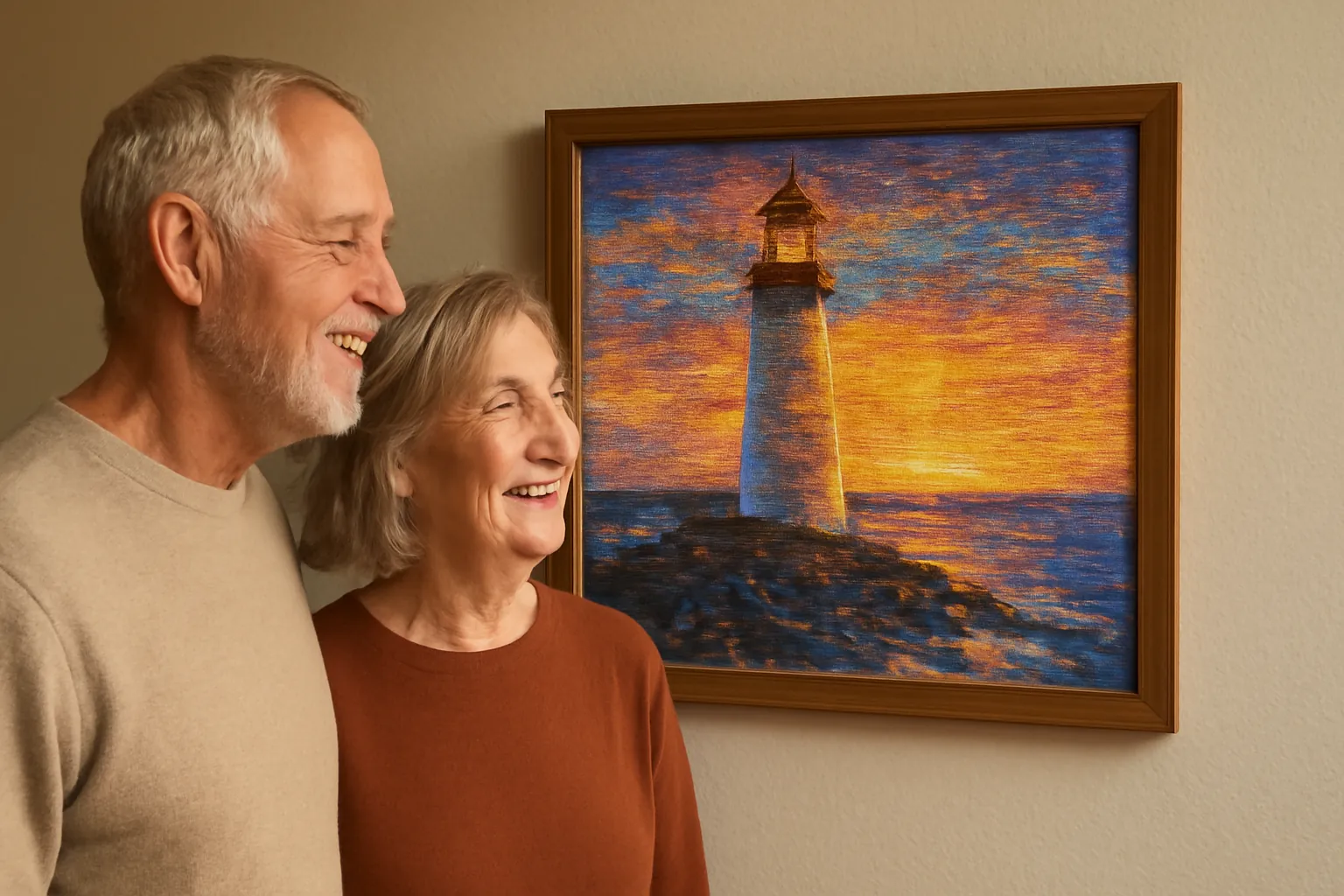 A couple in their sixties smiling at a framed lighthouse diamond painting they just hung in their hallway
