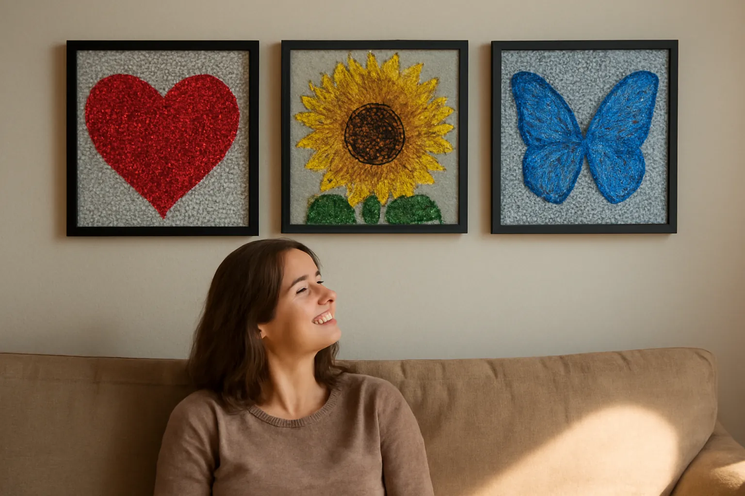 Three framed sparkling diamond paintings of a heart, a sunflower and a butterfly above a sofa, a woman smiling below them