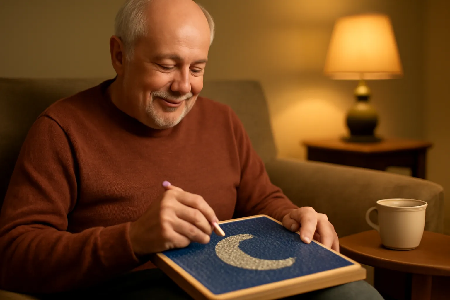 An older man in an armchair at night pressing drills into a crescent moon diamond painting resting across his lap
