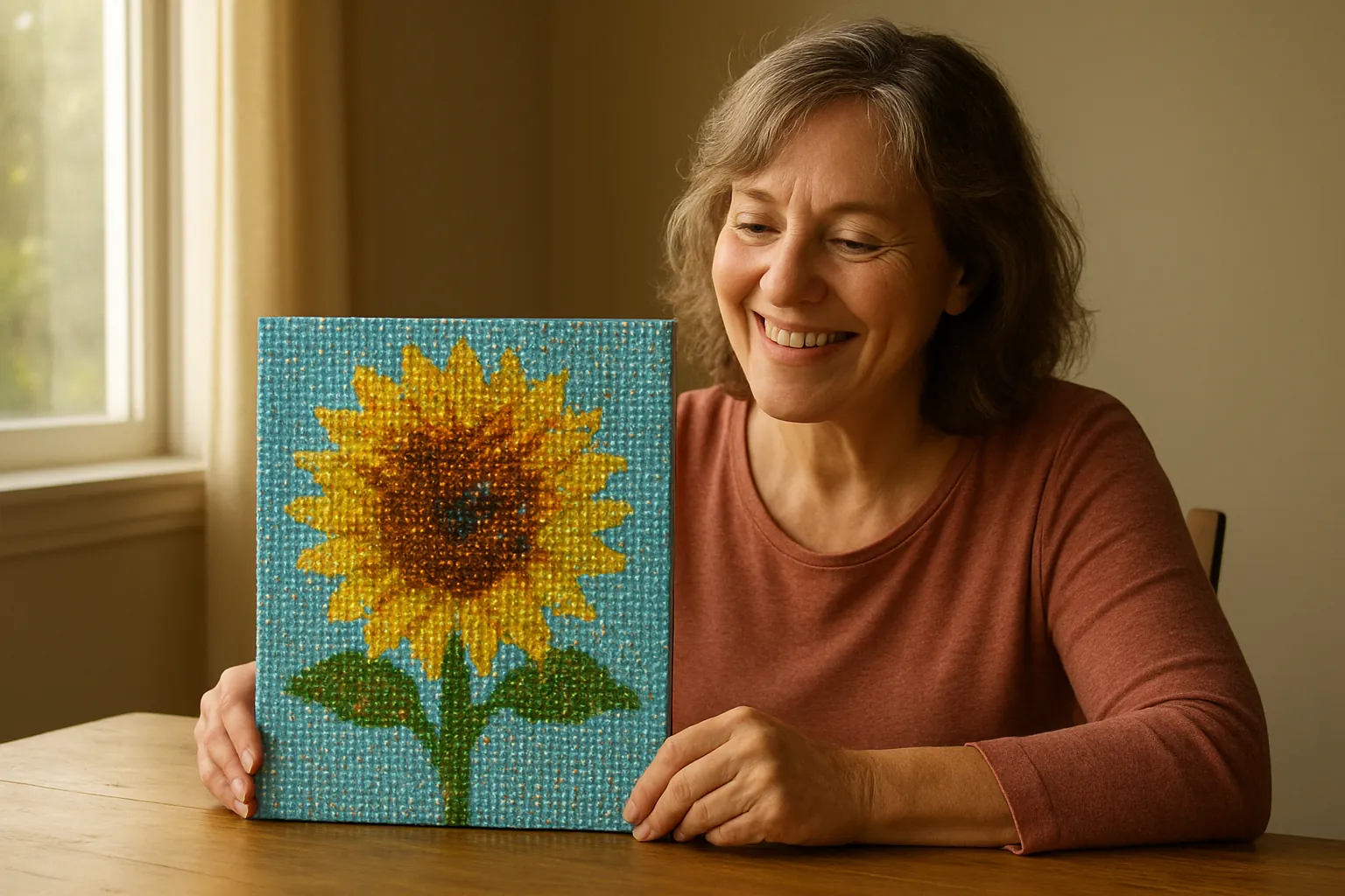 A smiling woman at a wooden table by a window holding up a finished sunflower diamond painting