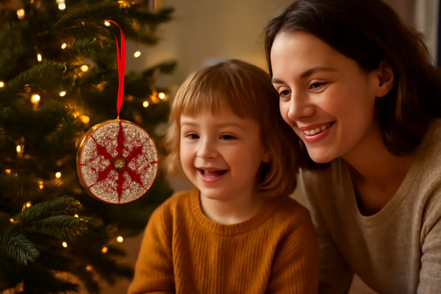 A child and parent smiling at a sparkling red and white round ornament hanging on their Christmas tree