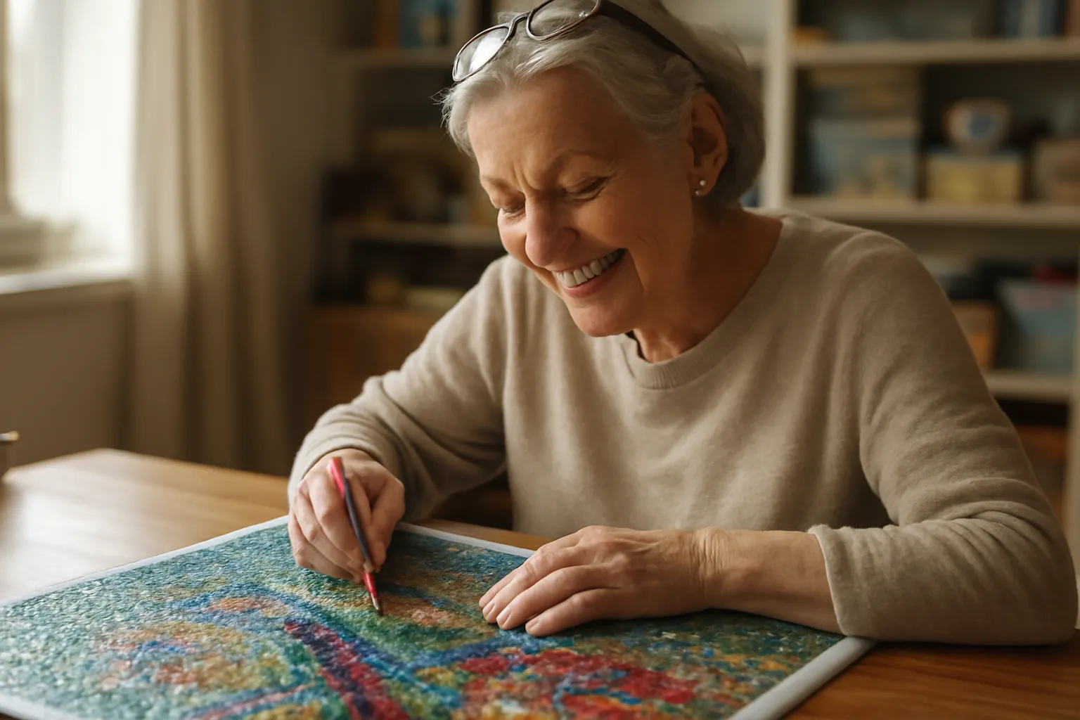 A smiling older woman placing drills with a pen on a large, colorful diamond painting at a table
