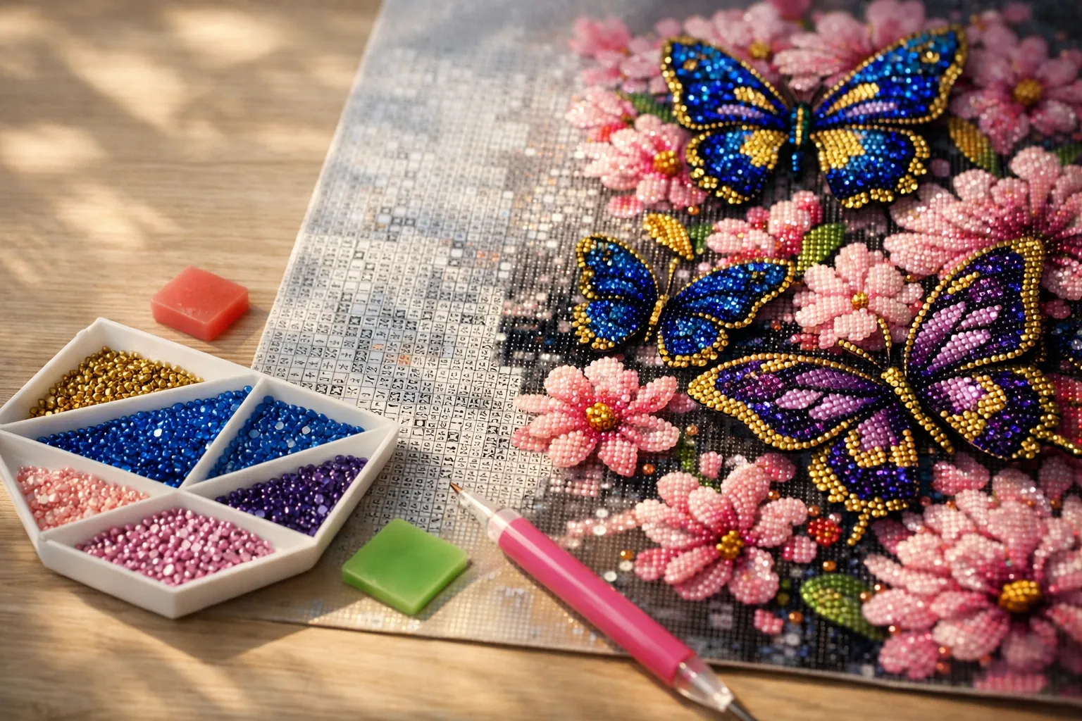 A half-finished rhinestone mosaic of jewel-toned butterflies among flowers on a craft table