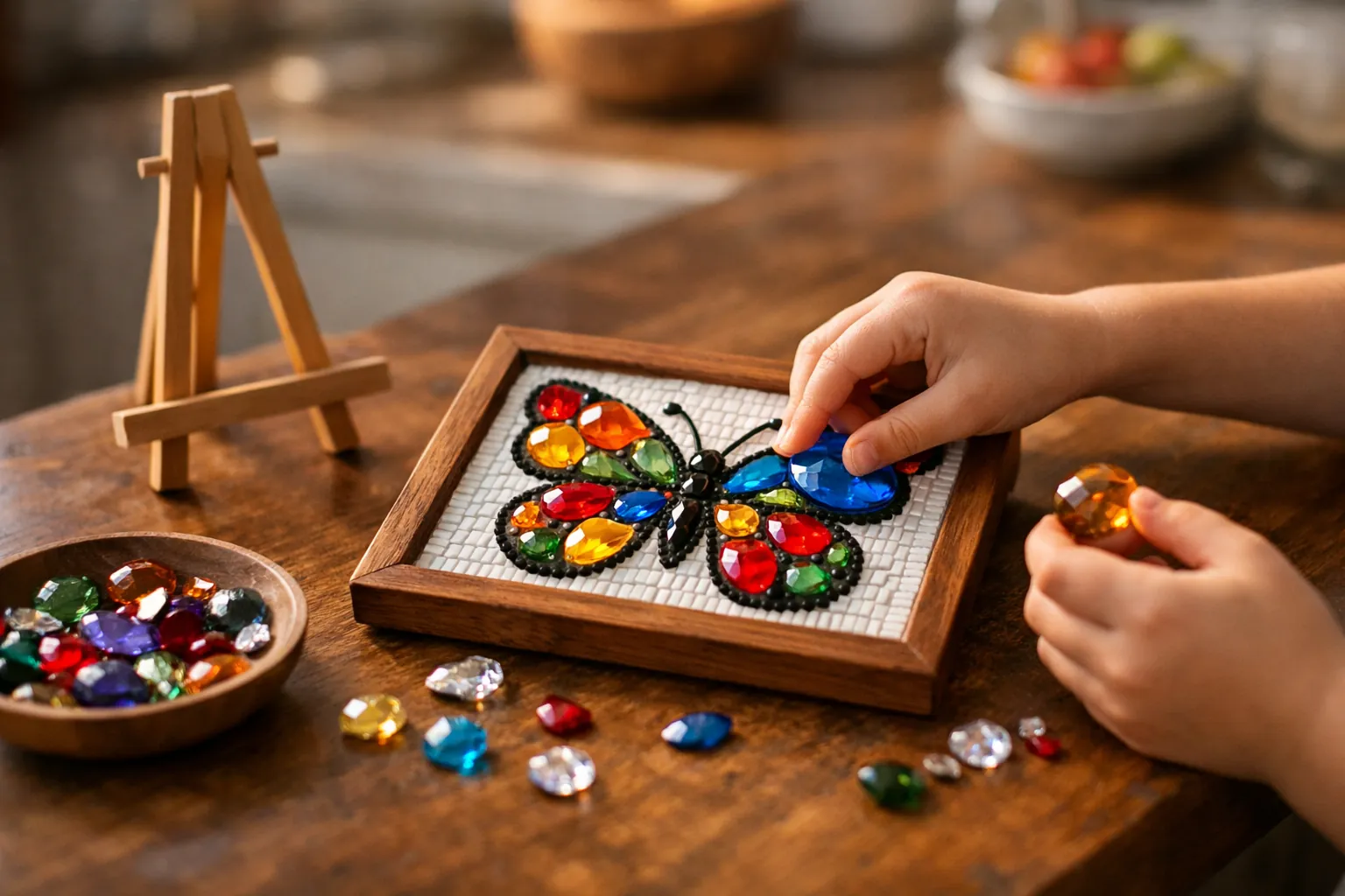 A child placing gems on a small wooden-framed butterfly mosaic