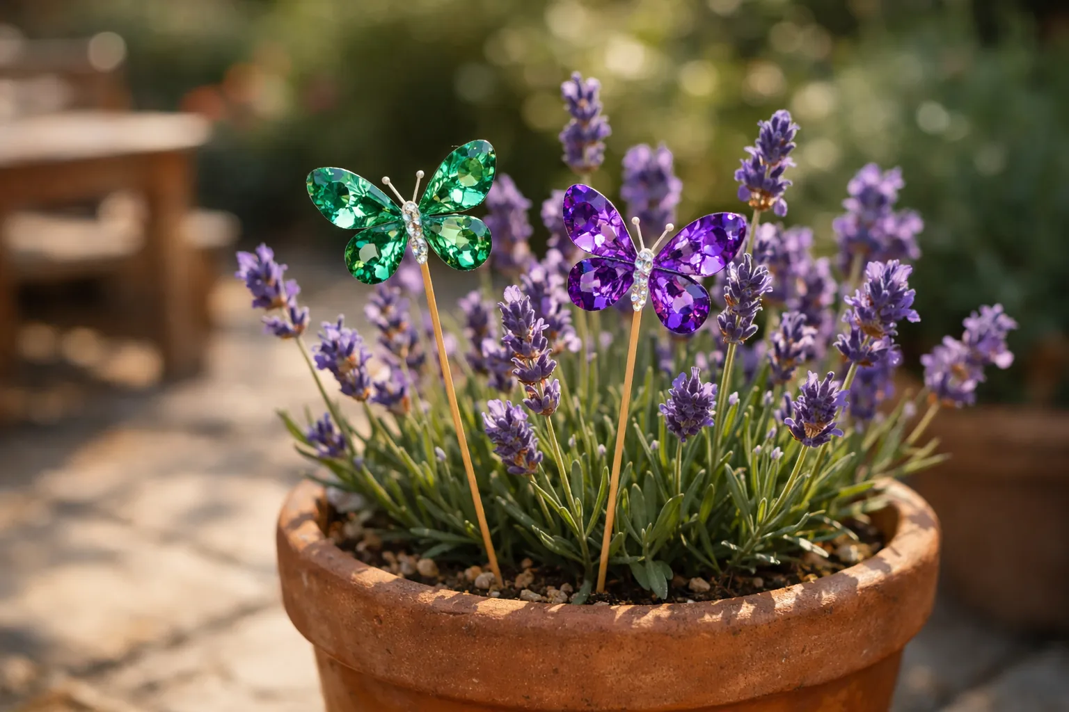 Rhinestone butterflies on bamboo sticks in a pot of lavender
