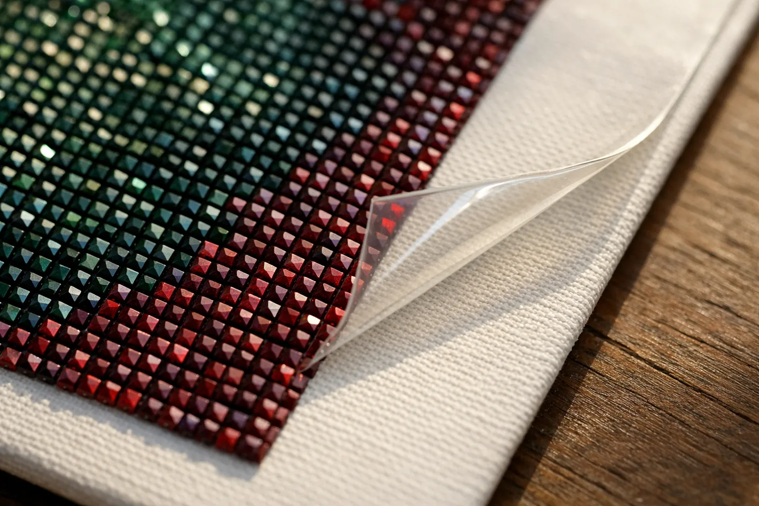 The edge of a diamond painting where the drilled area meets the plain unpainted border