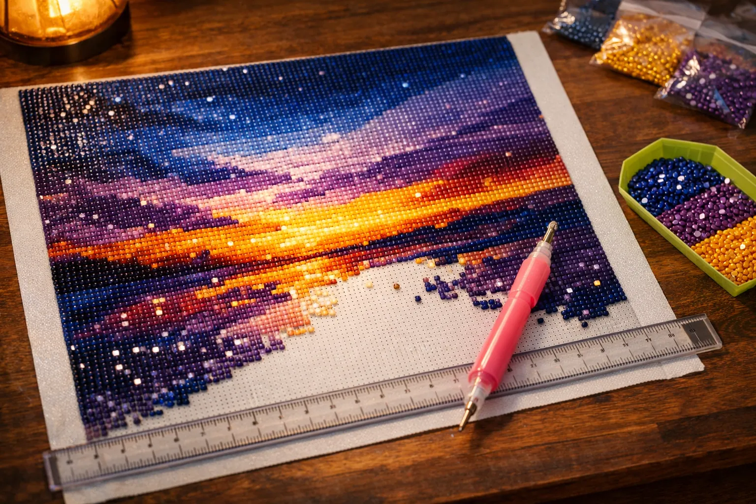 A half-finished diamond painting on a craft table with a ruler, a drill pen and a tray of sparkling drills