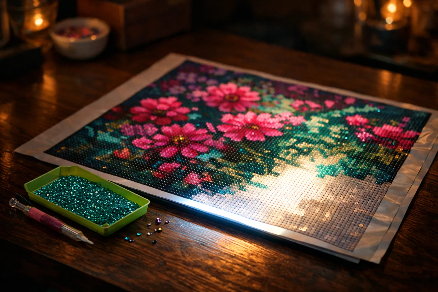 A light pad glowing under a partly finished flower diamond painting