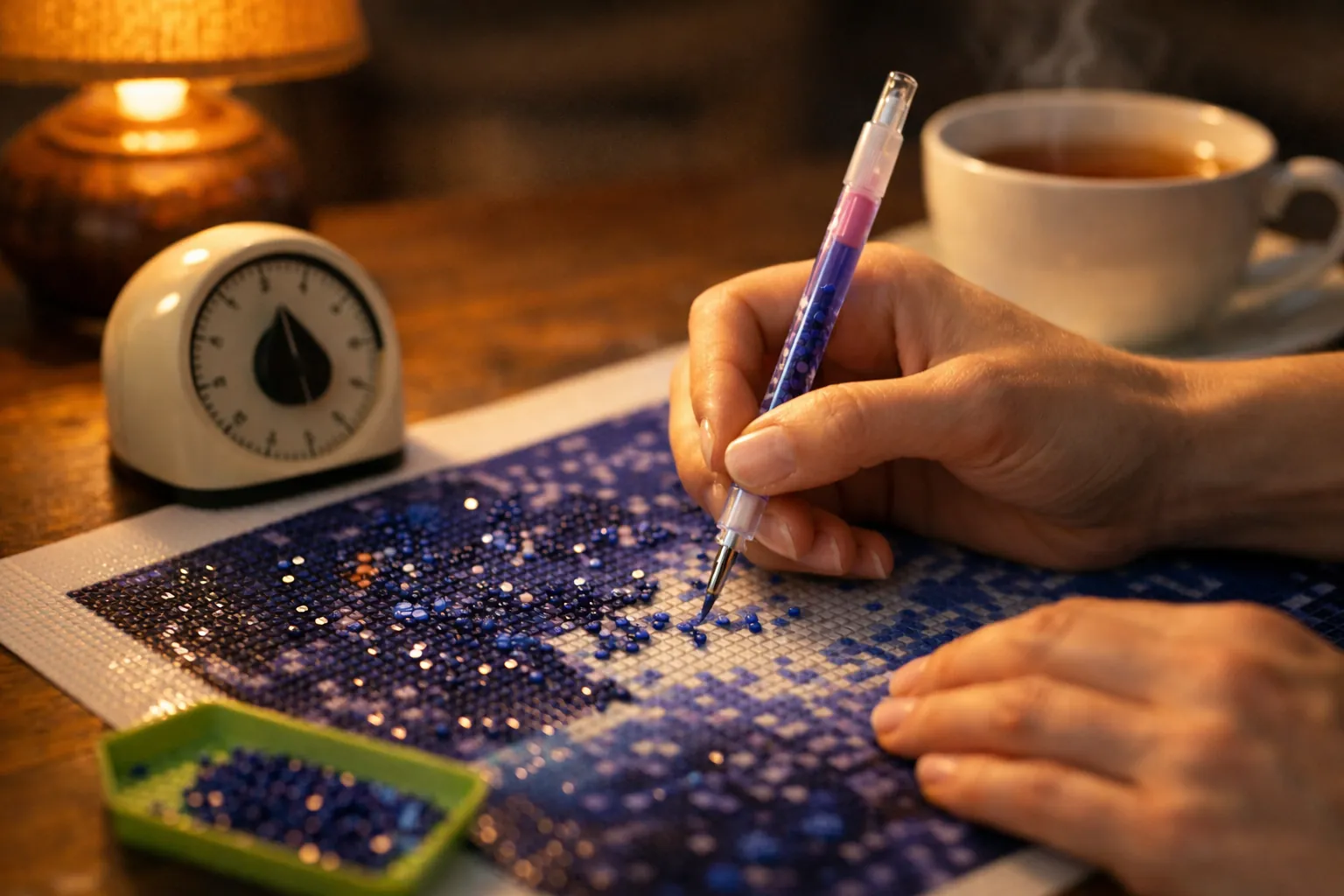 Hands placing round drills with a pen tool beside a kitchen timer