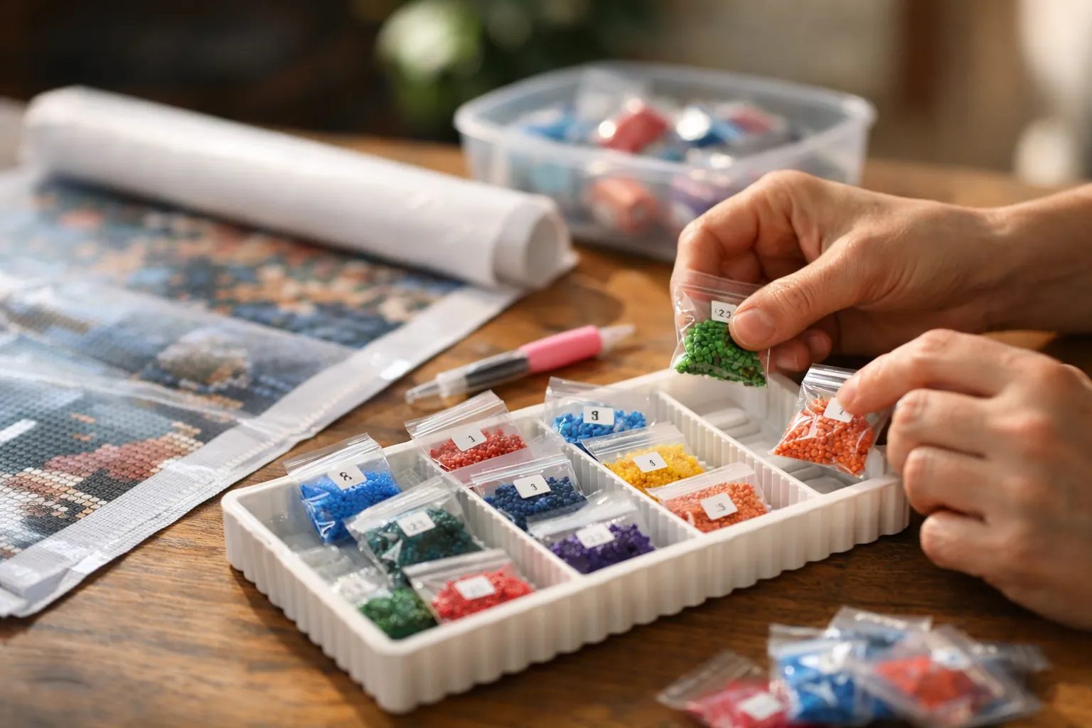 Hands sorting numbered drill bags into a tray next to a canvas