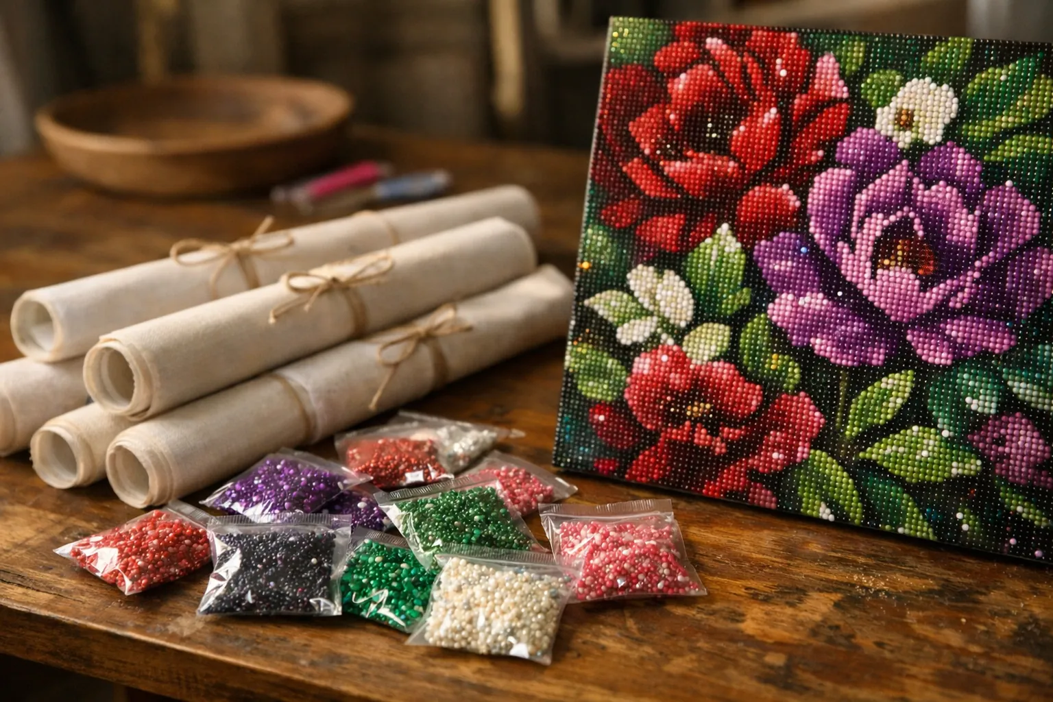 Several small rolled diamond painting canvases and drill bags spread on a table beside a finished sparkling floral canvas