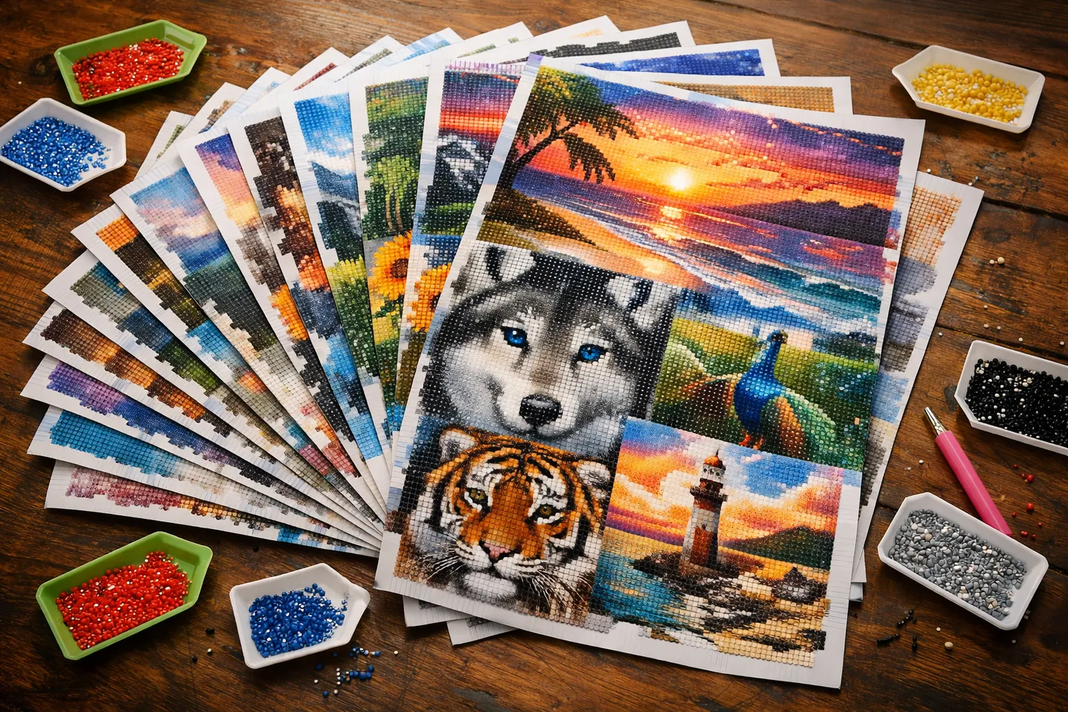 A stack of flat mosaic canvases fanned out on a table
