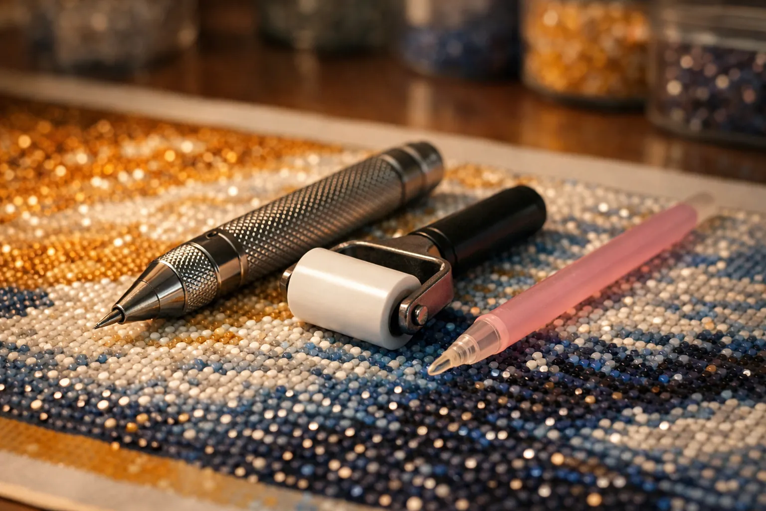 A metal diamond painting pen and roller beside a thin plastic kit pen