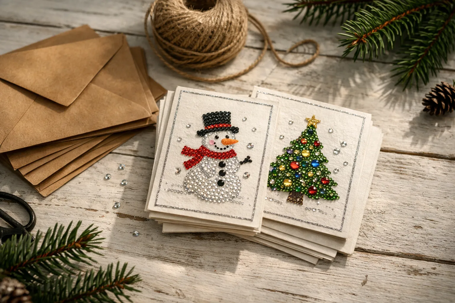 Handmade diamond art Christmas cards with envelopes and pine sprigs