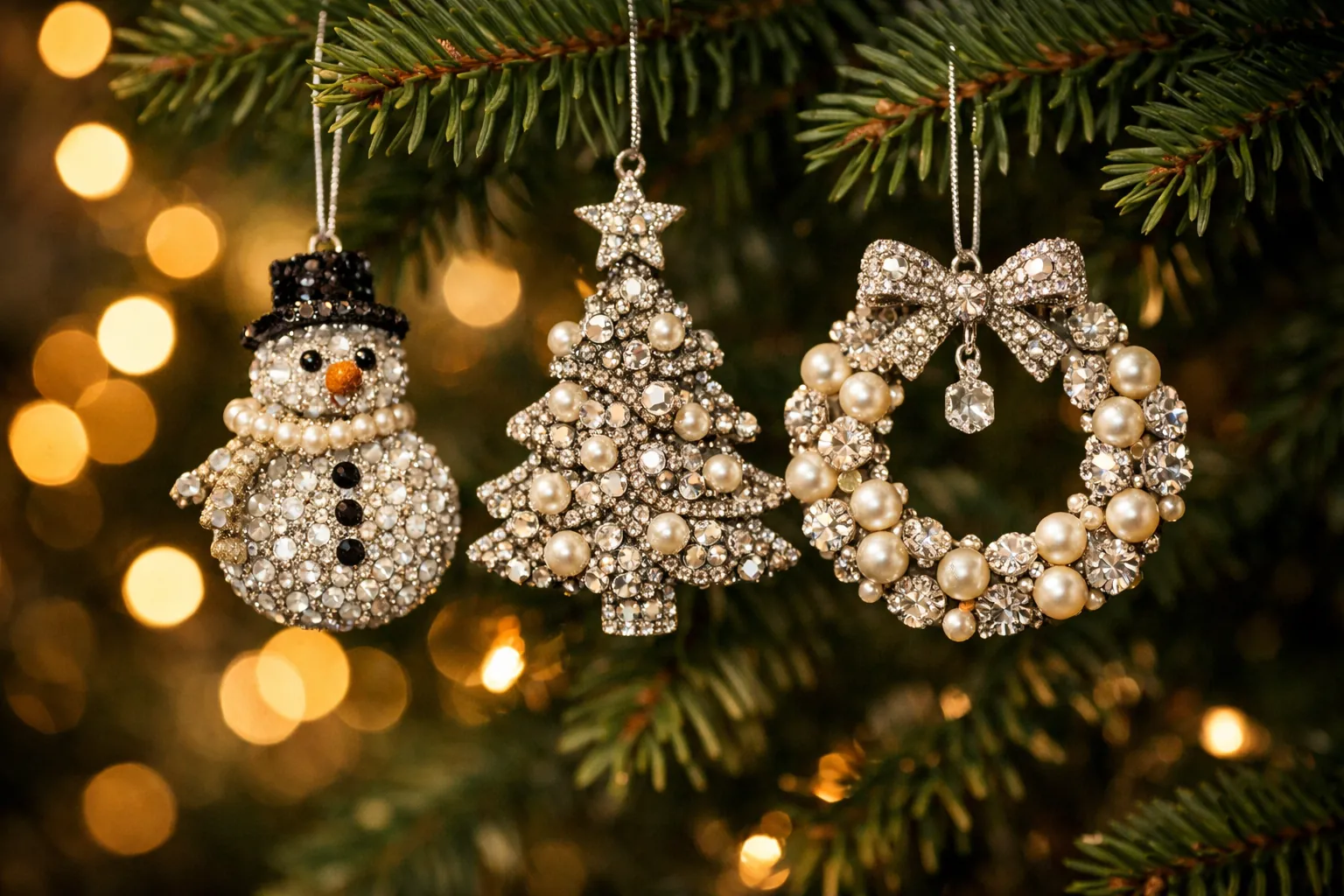 Handmade rhinestone Christmas ornaments hanging on a tree branch