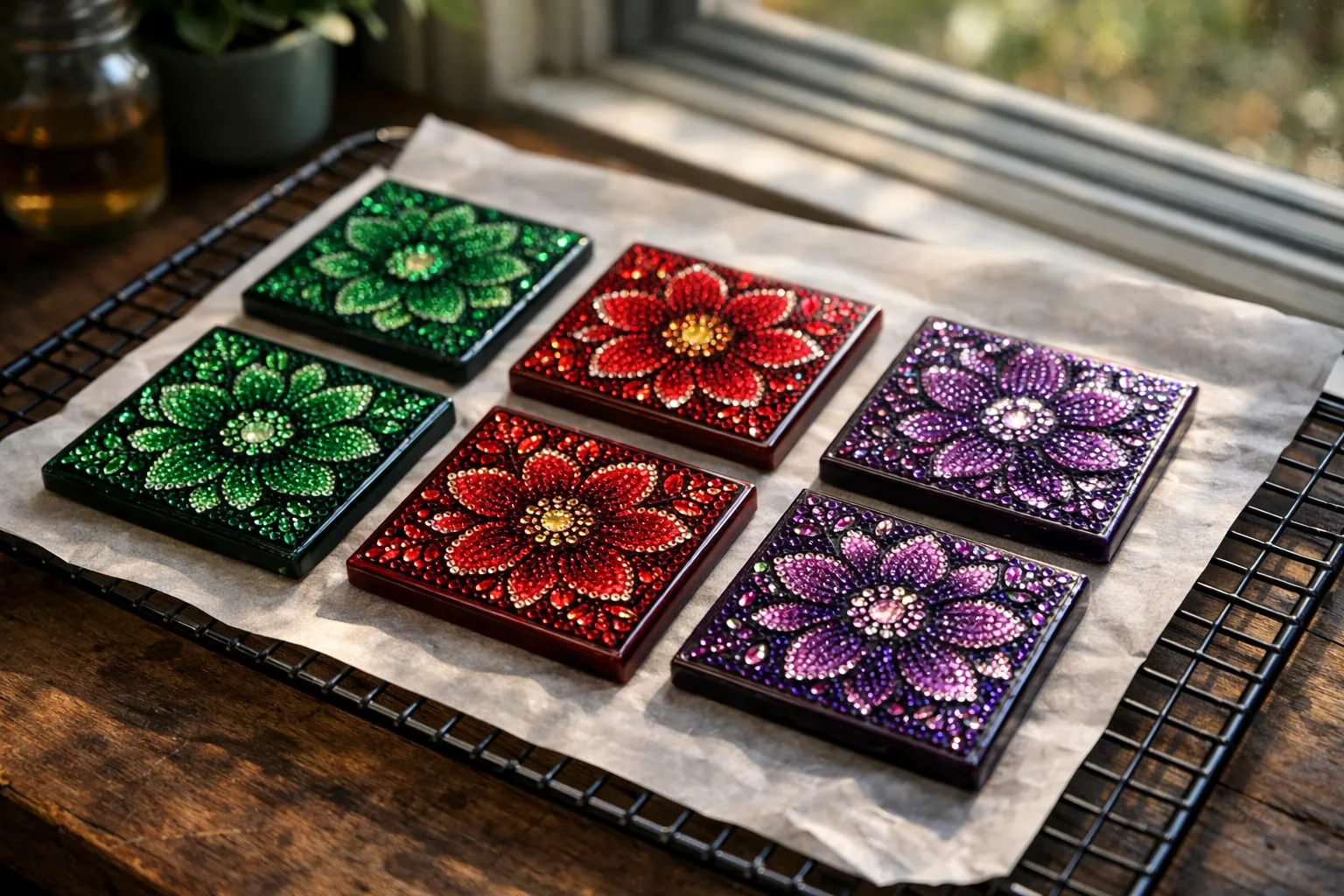Sealed diamond art coasters drying on a rack