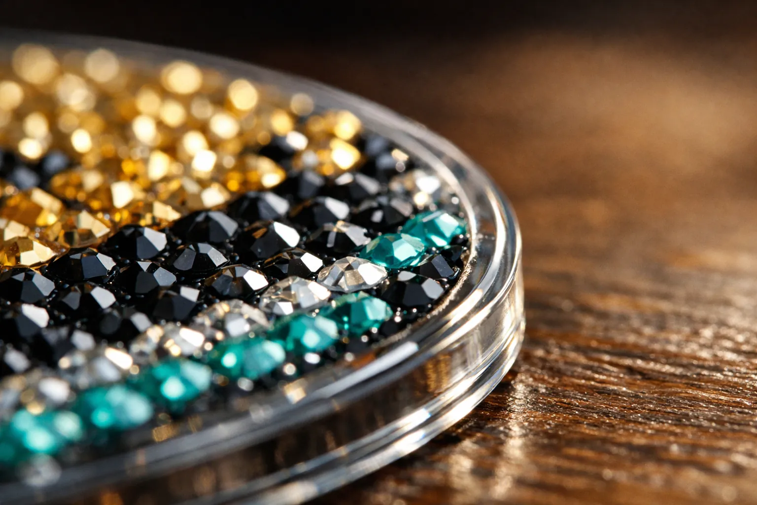 The edge of a sealed diamond art coaster where drills meet the rim