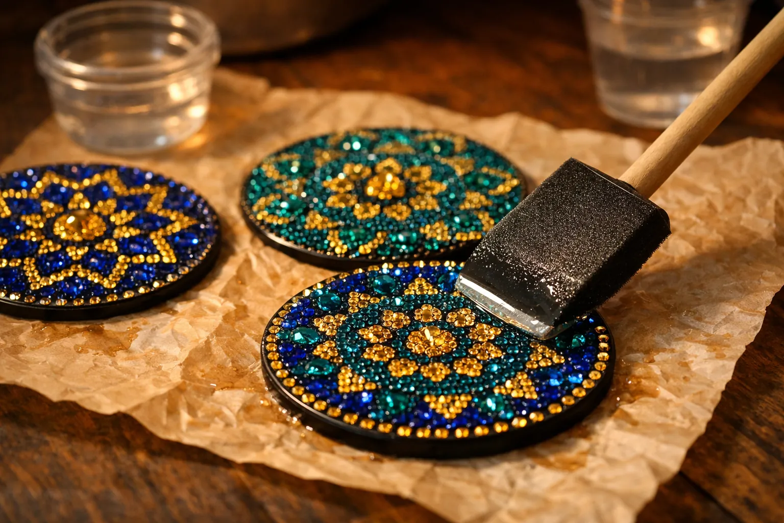 Brushing clear sealer over a set of finished diamond art coasters