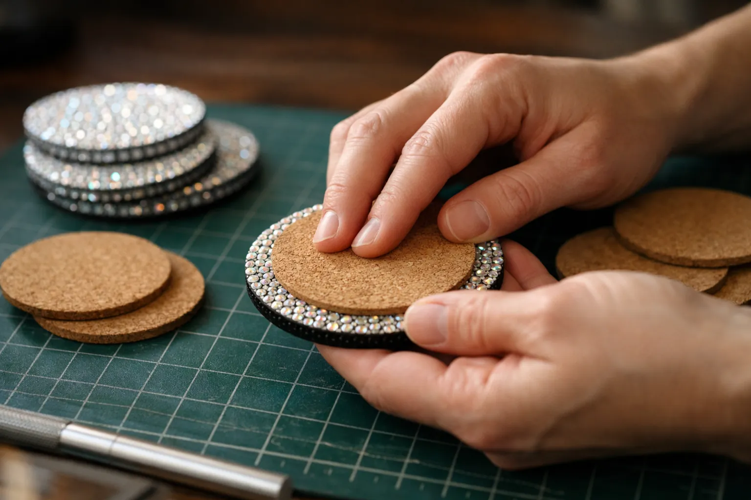 Hands pressing a cork pad onto the back of a finished rhinestone coaster