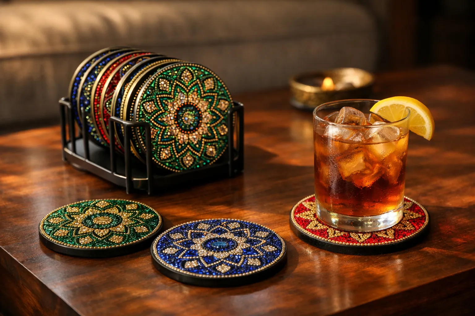 A set of round rhinestone mosaic coasters in jewel tones stacked in a black metal holder beside a glass of iced tea