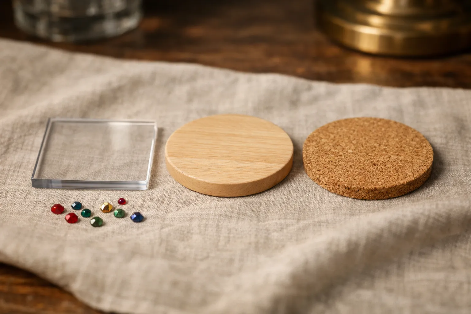 A clear acrylic coaster blank, a wooden disc and a cork pad side by side