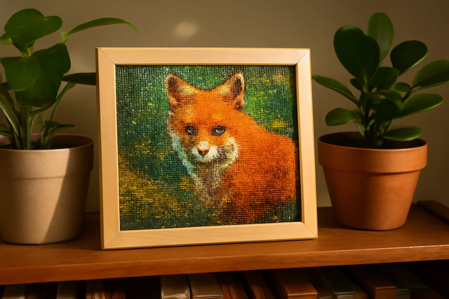A small finished fox diamond painting in a light wooden frame on a shelf between two potted plants