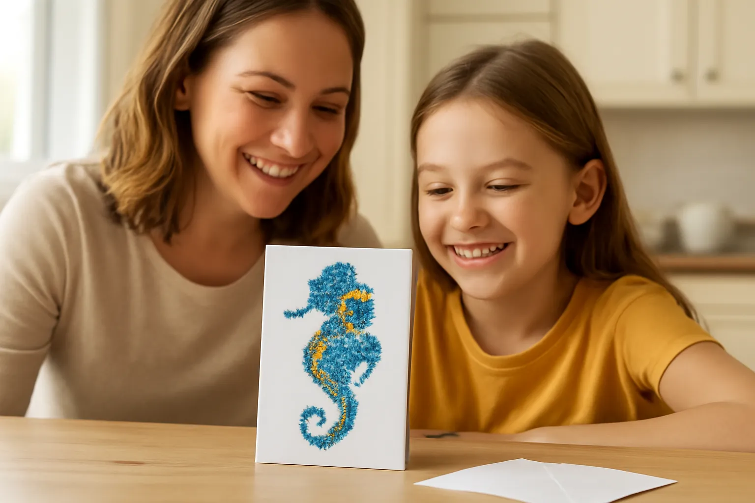 A mother and daughter at a kitchen table smiling at a small card with a sparkling gem seahorse standing on the table