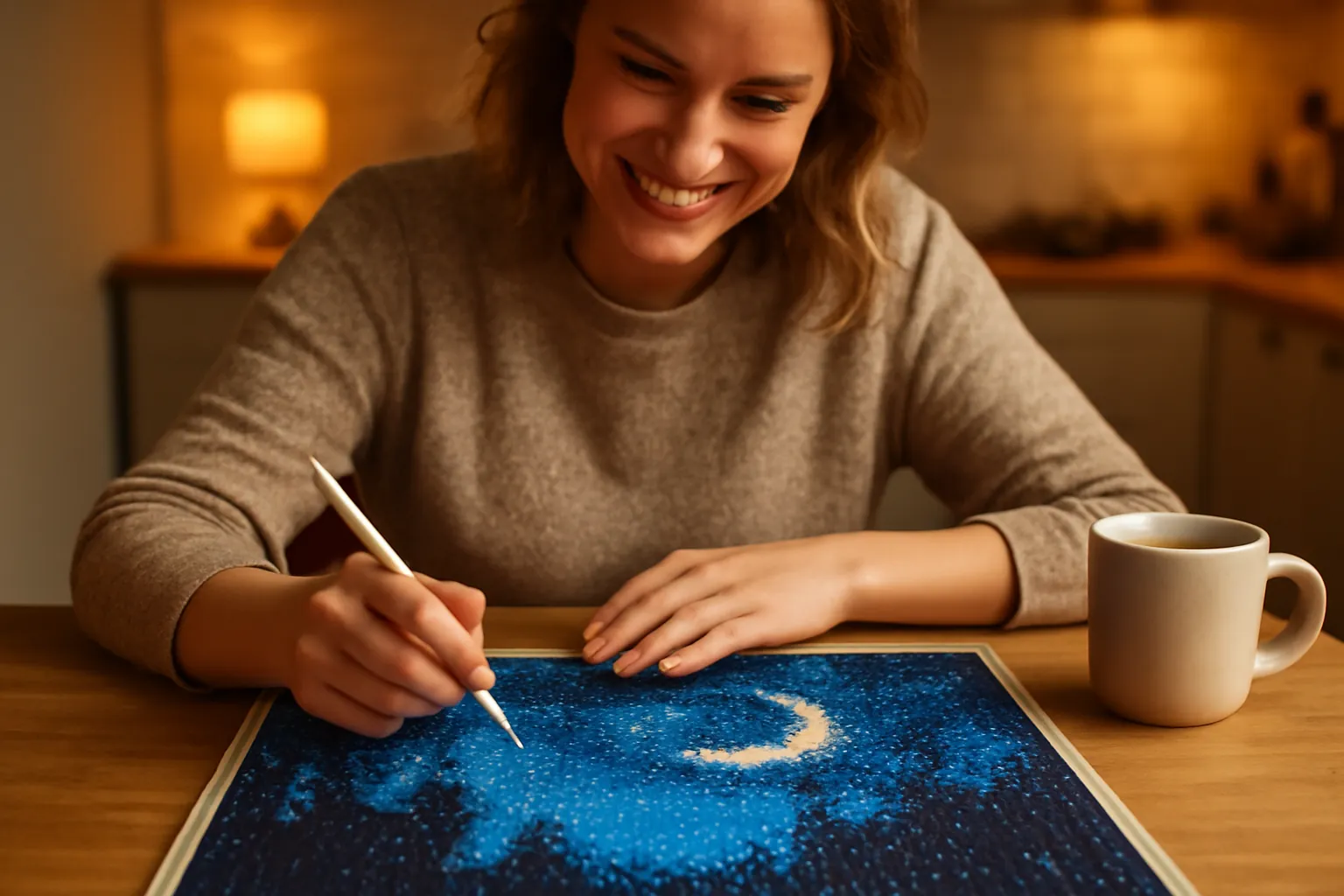 A smiling woman using a drill pen on a nearly finished night-sky diamond painting with a crescent moon