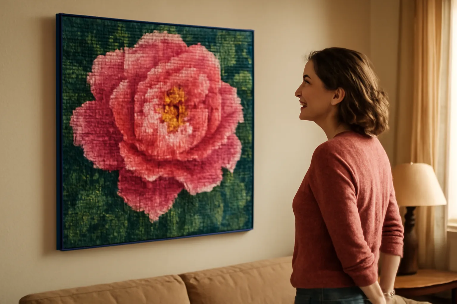 A smiling woman stepping back to admire a large finished diamond painting of a pink peony hanging on her living room wall