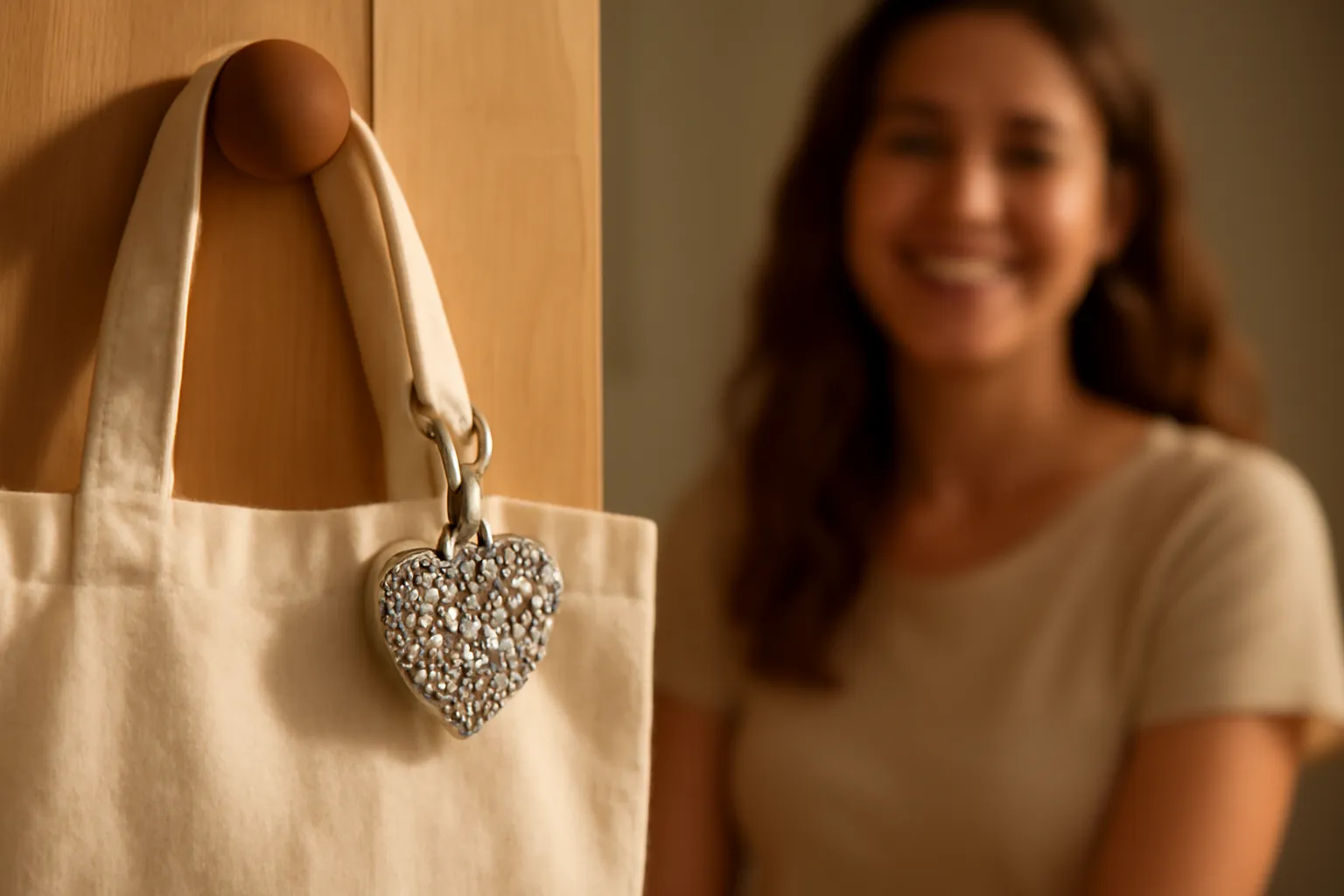 A sparkling rhinestone heart keychain clipped to a cotton tote bag on a door hook, a smiling woman blurred behind it