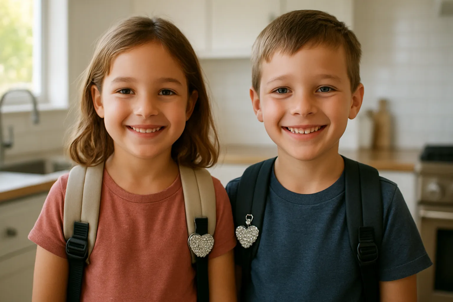 Two smiling children in a kitchen wearing backpacks with sparkling rhinestone heart keychains clipped to the straps