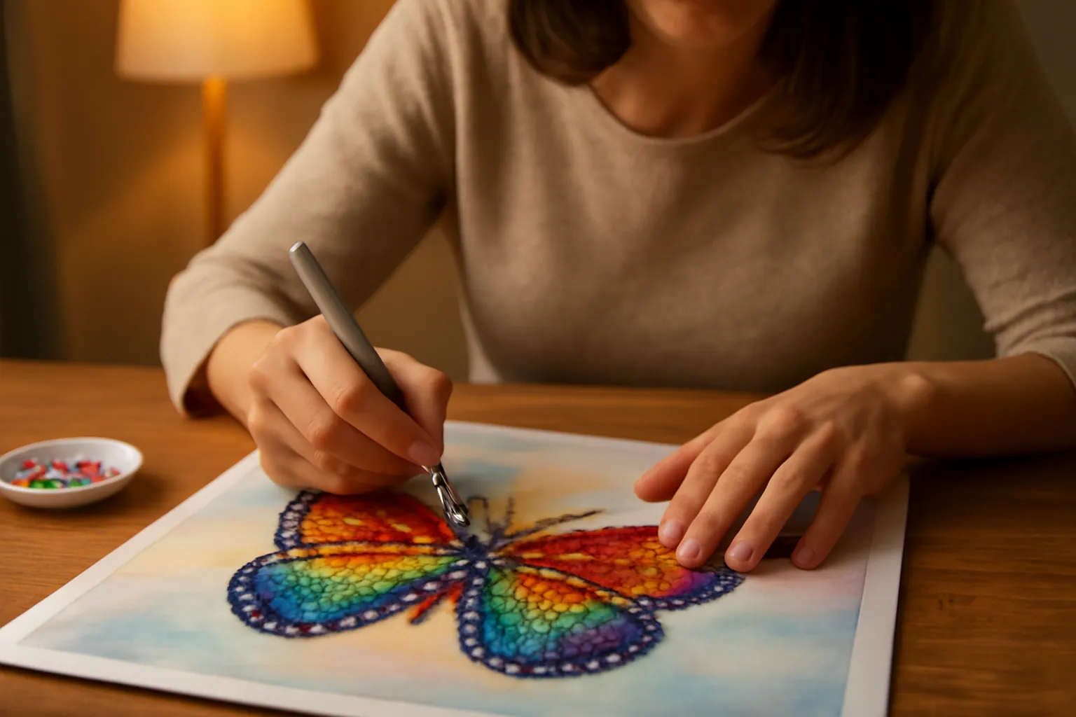 A woman pressing round drills into a rainbow butterfly on a partial-drill canvas, the soft printed background left bare