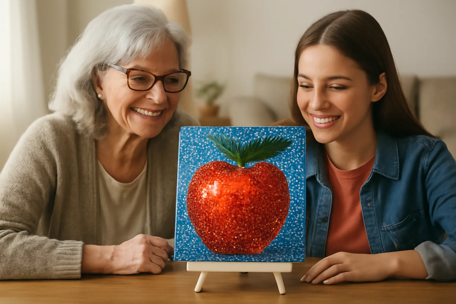 A grandmother and teenage granddaughter smiling at a small finished sparkling diamond painting of a red apple on a tabletop easel