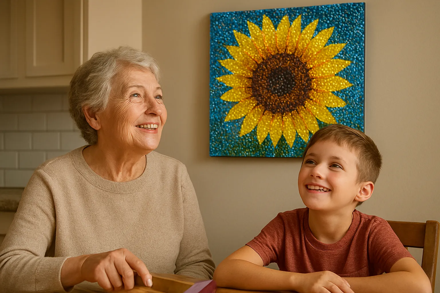 A grandmother and grandson smiling up at a sparkling sunflower diamond painting on their kitchen wall