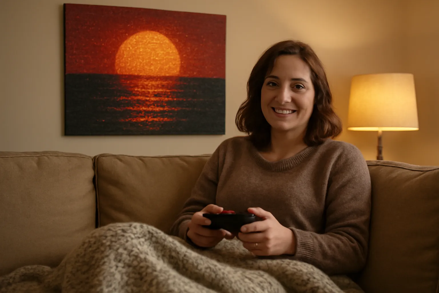 A woman relaxing on a sofa in the evening holding a game controller, a finished sunset diamond painting on the wall behind her